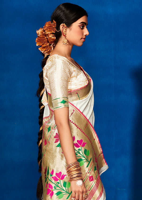 Aster White Woven Handloom Paithani Silk Saree