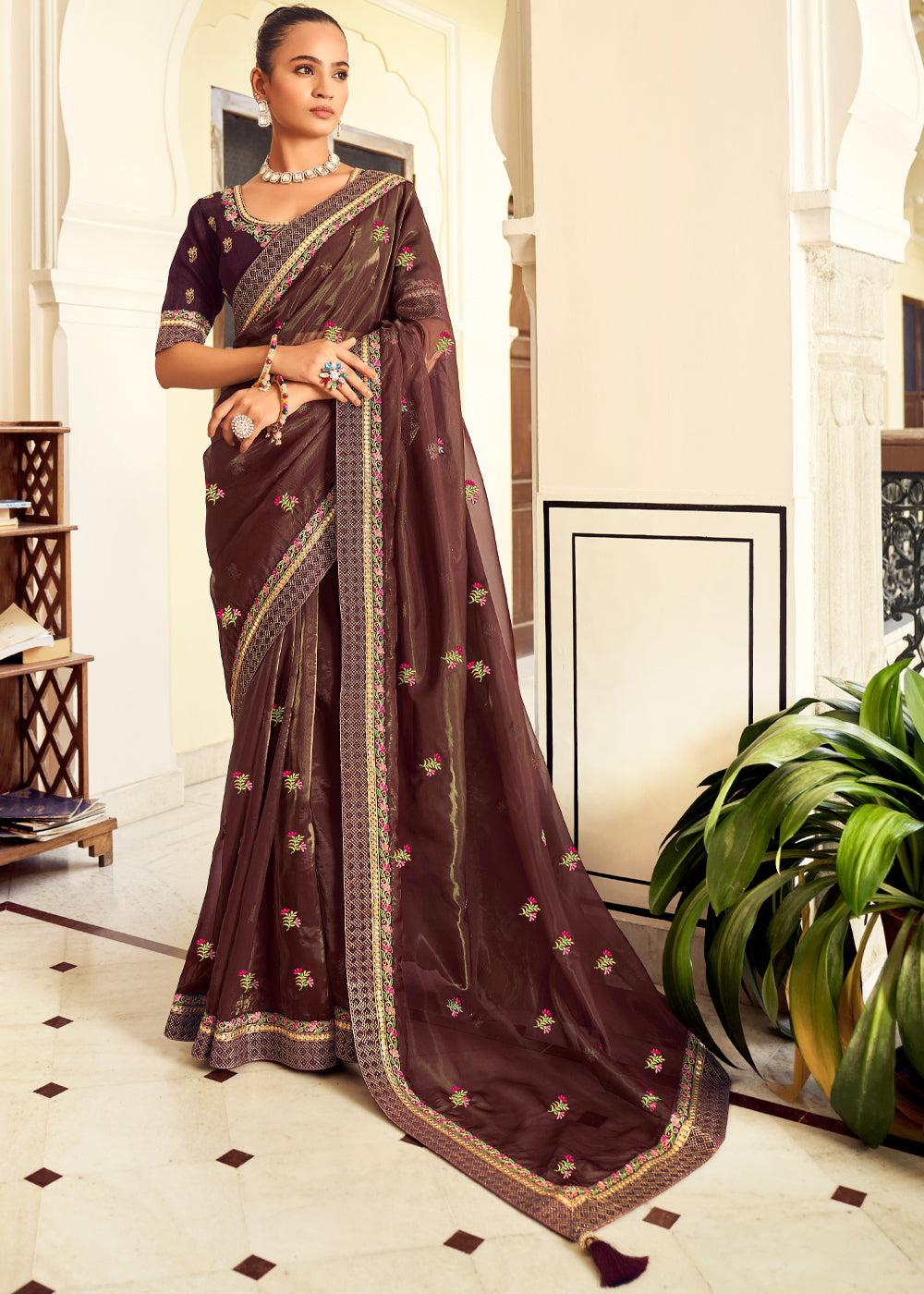 Buy MySilkLove Roman Coffee Brown Woven Banarasi Georgette Silk Saree Online