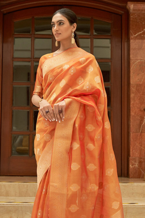 Buy MySilkLove Caramel Orange Zari Woven Organza Silk Saree Online