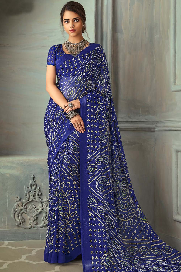 Buy MySilkLove Cosmic Cobalt Blue Chiffon Bandhani Printed Saree Online