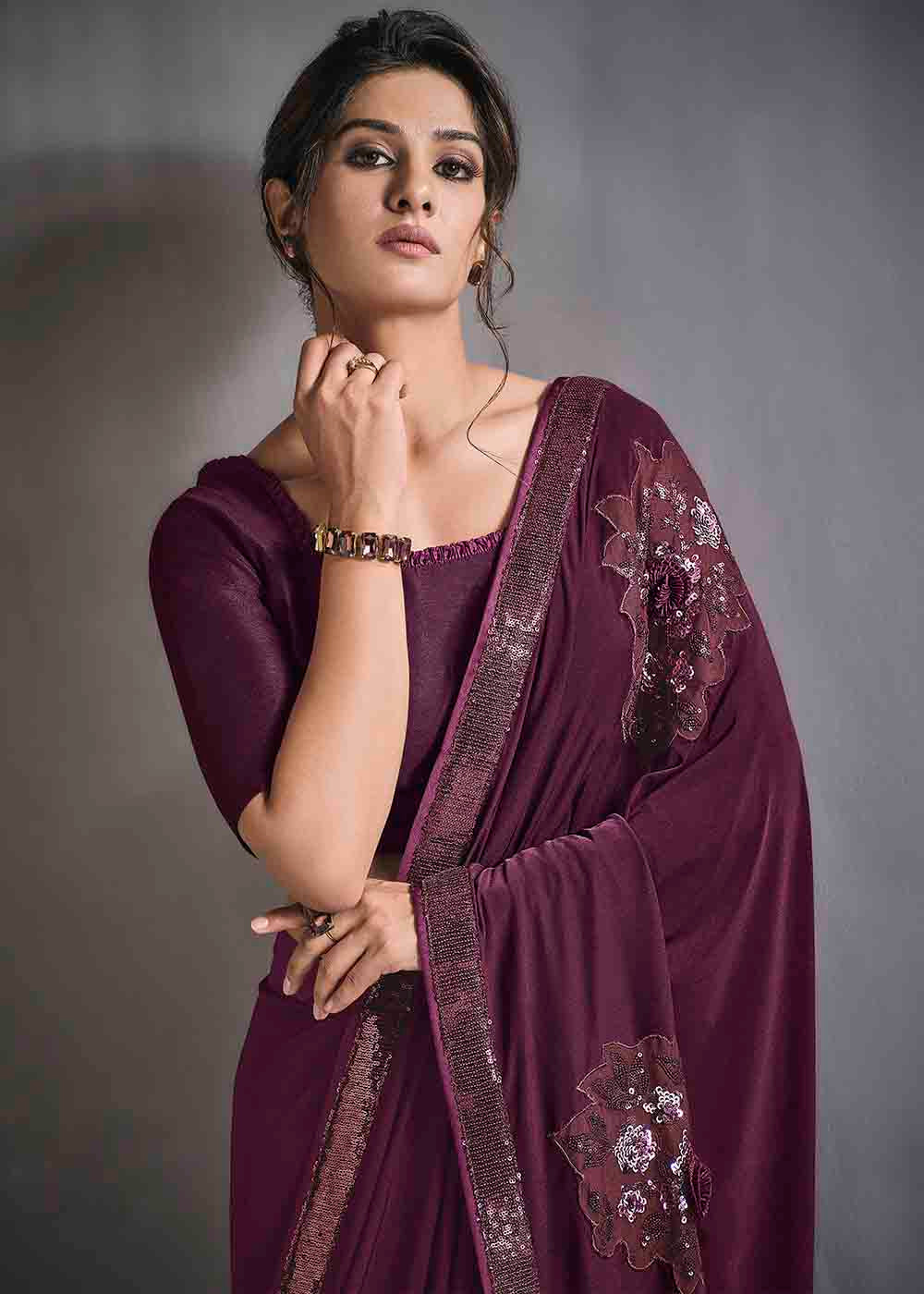 Buy MySilkLove Sugar Plum Purple Designer Lycra Saree with Embroidery Work Online
