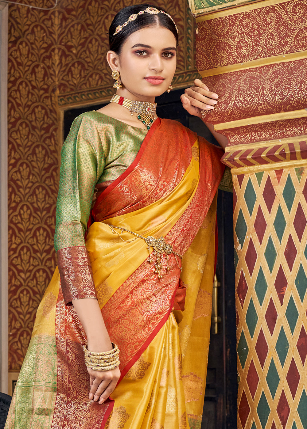 Buy MySilkLove Porsche Yellow Woven Banarasi Barcode Silk Saree Online