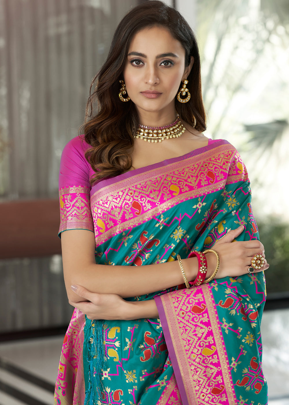 Buy MySilkLove Paradiso Blue and Pink Zari Woven Banarasi Patola Saree Online