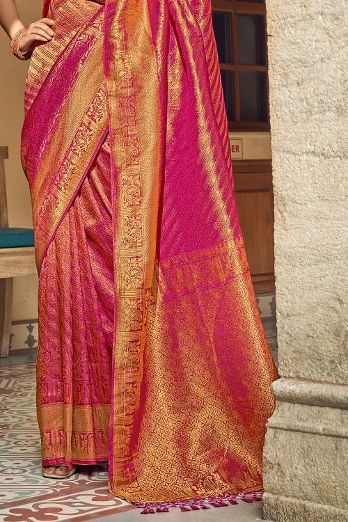 Brick Pink Zari Woven Tanchui Kanjivaram Fusion Silk Saree
