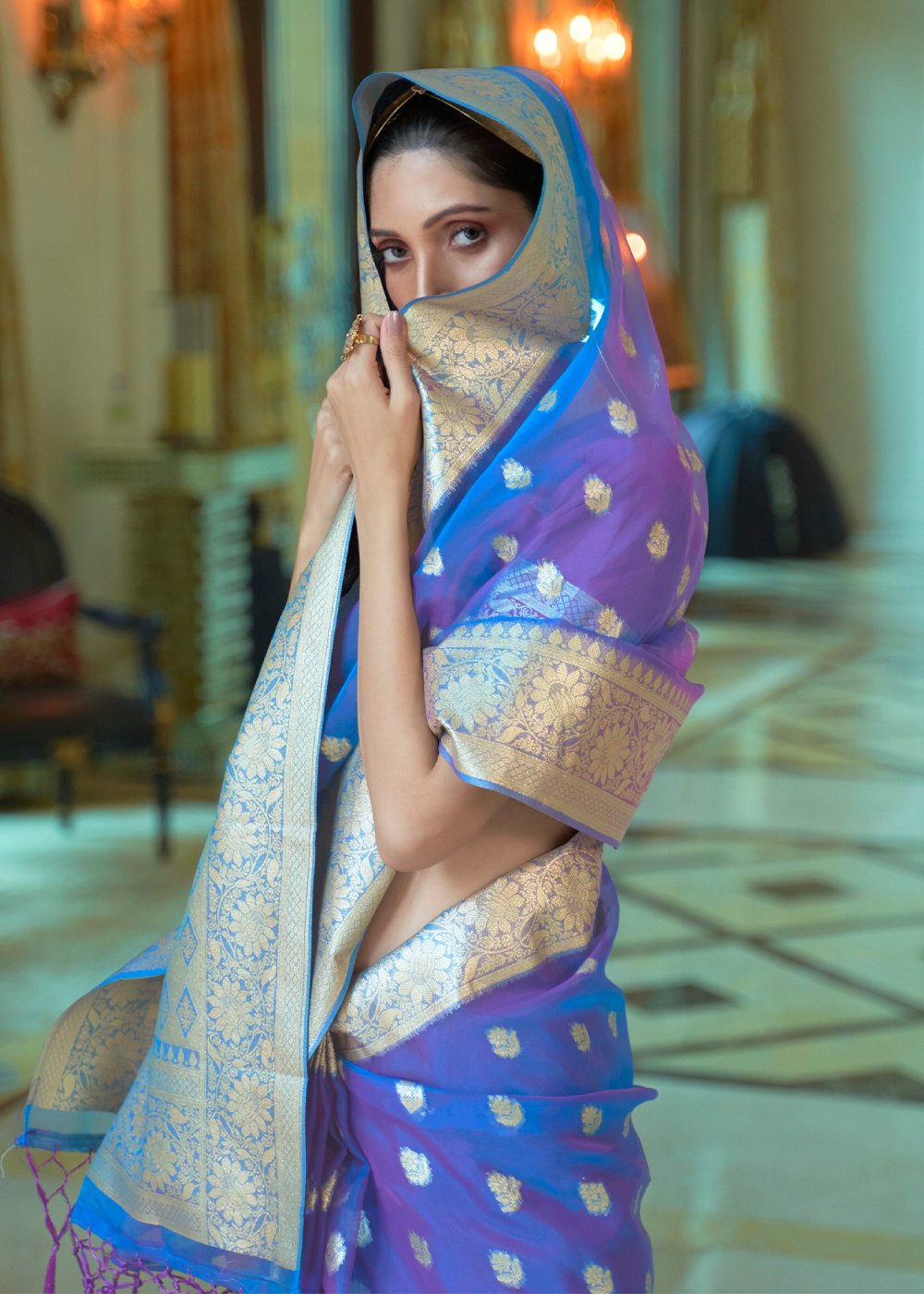 Buy MySilkLove Chambray Blue Zari Woven Organza Silk Saree Online