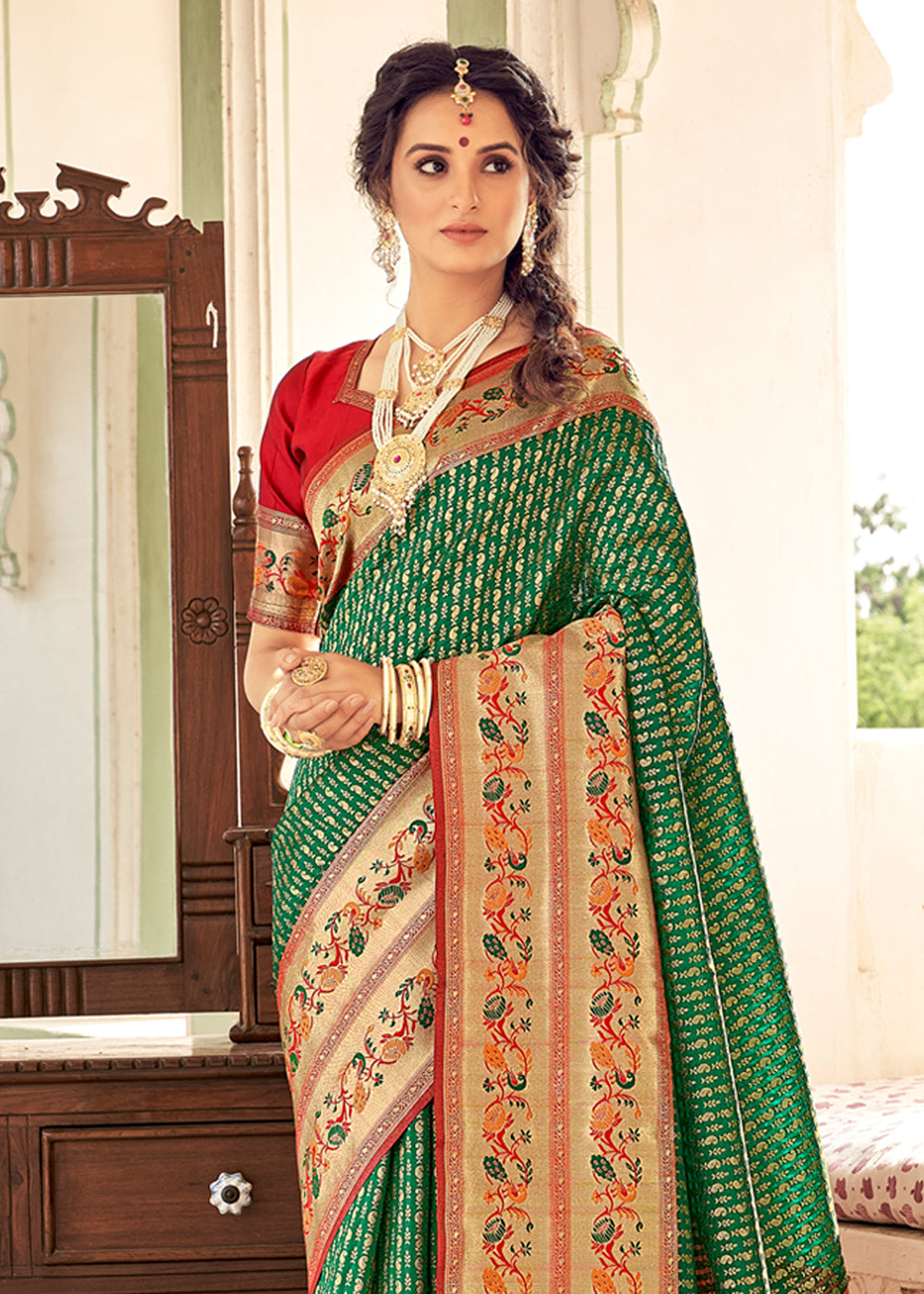 Buy MySilkLove Glade Green and Red Zari Woven Banarasi Brocade Saree Online