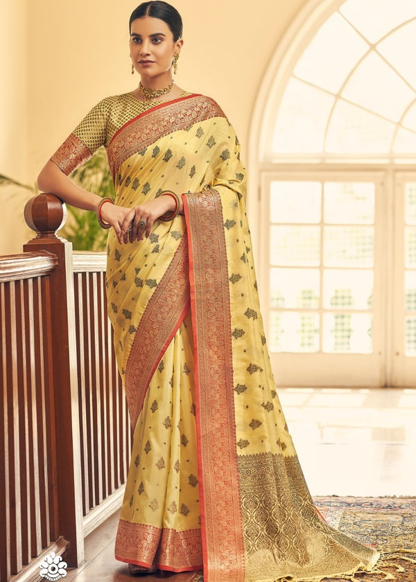 Buff Yellow Tussar Banarasi Silk Saree