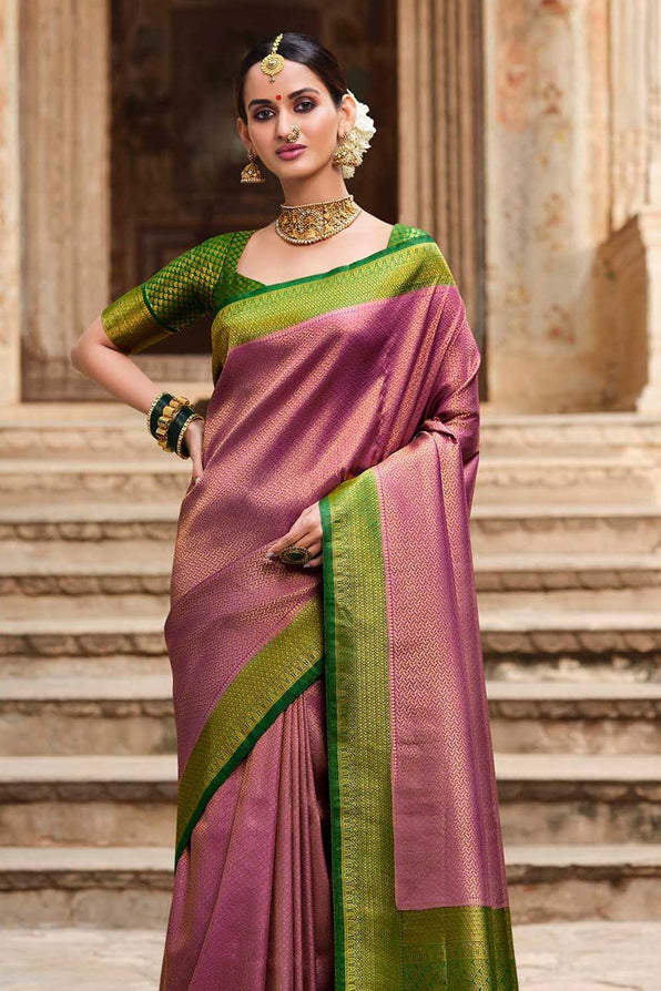 Buy MySilkLove Vin Rouge Purple and Green Zari Woven Kanjivaram Saree Online