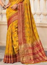 Mustard Yellow and Red Woven Banarasi Raw Silk Saree