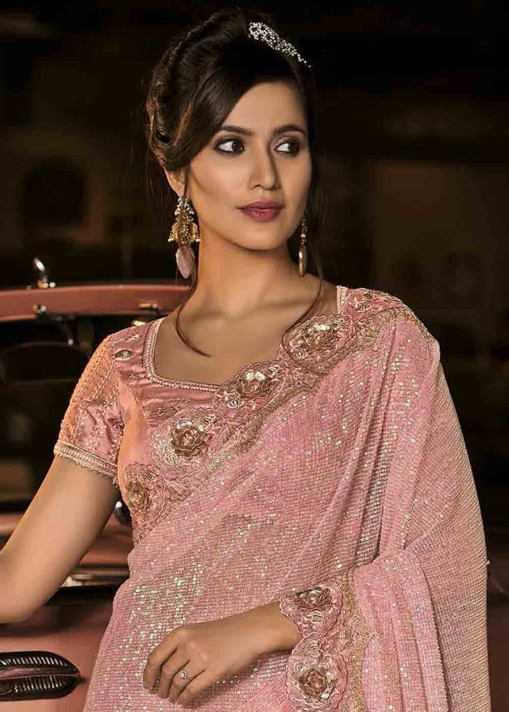 MySilkLove Shilo Light Pink Heavy Work Designer Net Saree