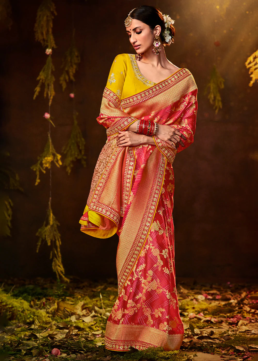Buy MySilkLove Froly Pink Woven Georgette Designer Saree with Embroidered Blouse Online