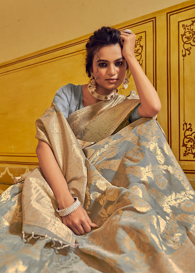 Natural Grey Zari Woven Banarasi Linen Saree