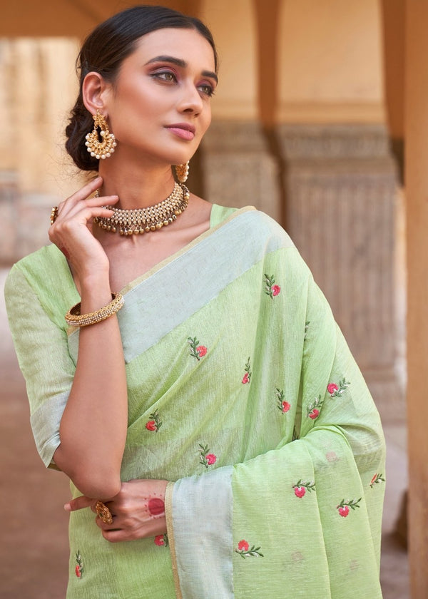 Sprout Light Green Linen Saree