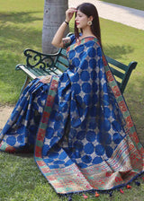 Indigo Blue Zari Woven Tussar Silk Saree