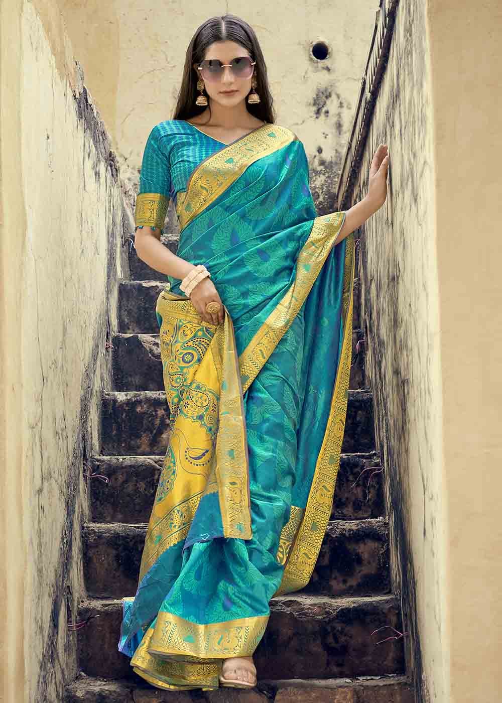 Buy MySilkLove Malachite Blue Zari Woven Banarasi Silk Saree Online