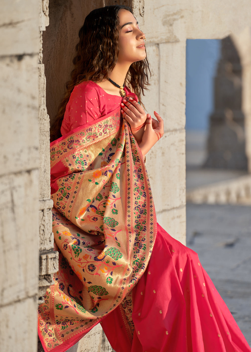 Buy MySilkLove Sweet Tulip Pink Zari Woven Paithani Saree Online