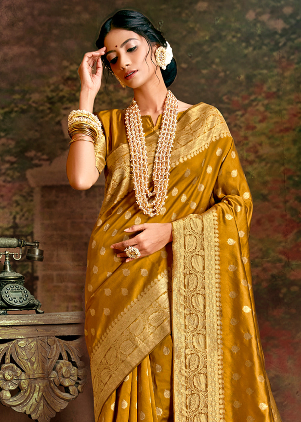 Buy MySilkLove Bourbon Yellow Zari Woven Banarasi Jamdani Silk Saree Online