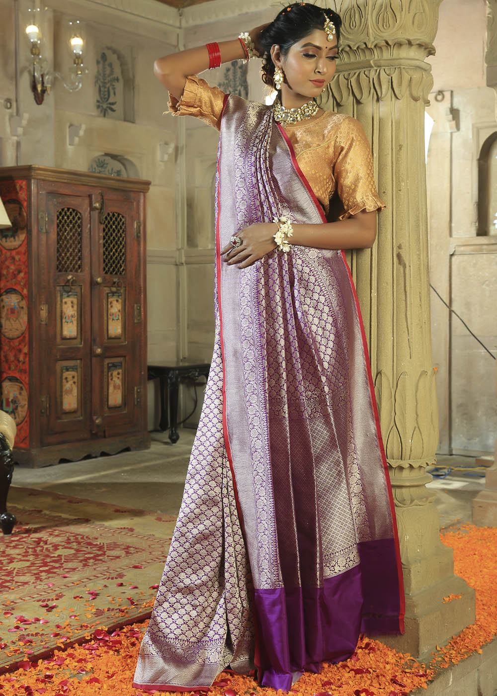 Buy MySilkLove Royal Purple and Silver Katan Pure Silk Handwoven Brocade Design Saree Online