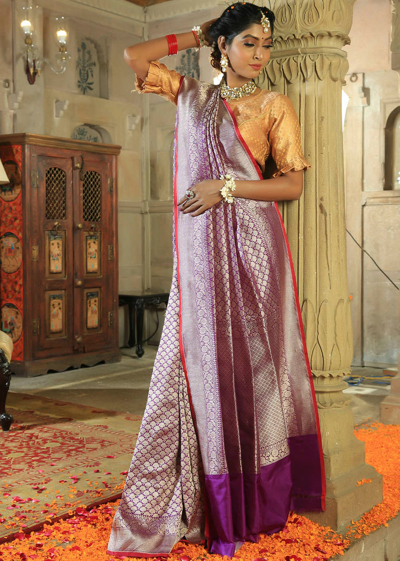 Royal Purple and Silver Katan Pure Silk Handwoven Brocade Design Saree
