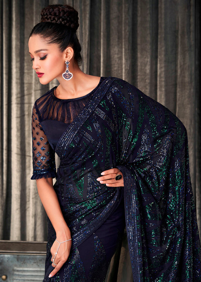 Tuna Blue and Green Sequins Embroidered Designer Georgette Saree