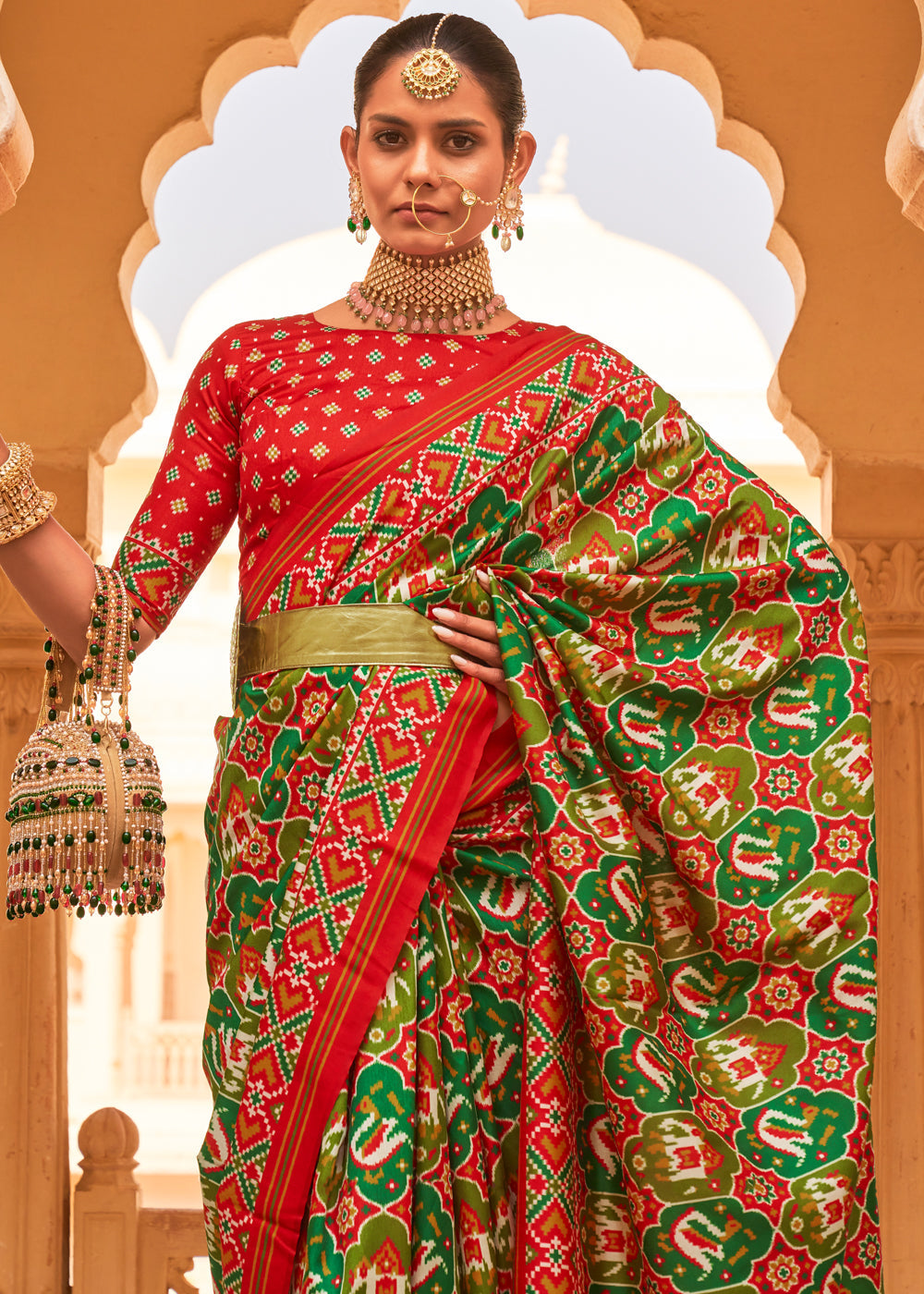 Buy MySilkLove Peridot Green and Red Printed Patola Tussar Saree Online