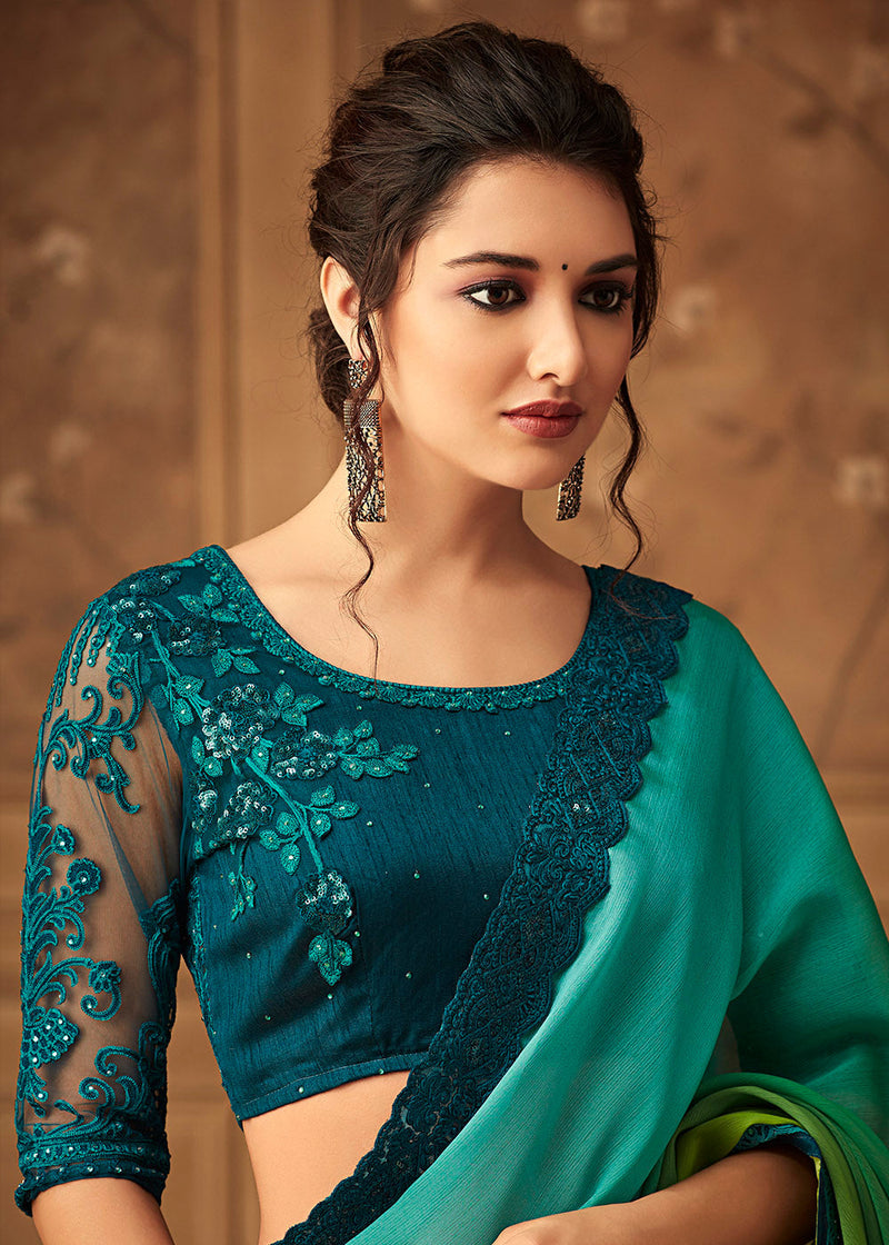 Ocean Blue and Green Chiffon Embroidered Designer Saree