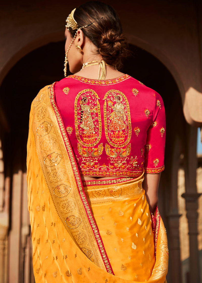 Glow Orange Zari Woven Banarasi Silk Saree with Embroidered Blouse