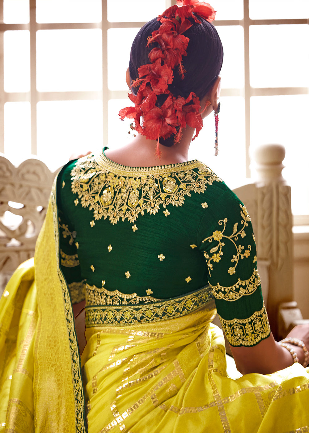 Buy MySilkLove Grass Yellow and Green Banarasi Saree with Designer Blouse Online