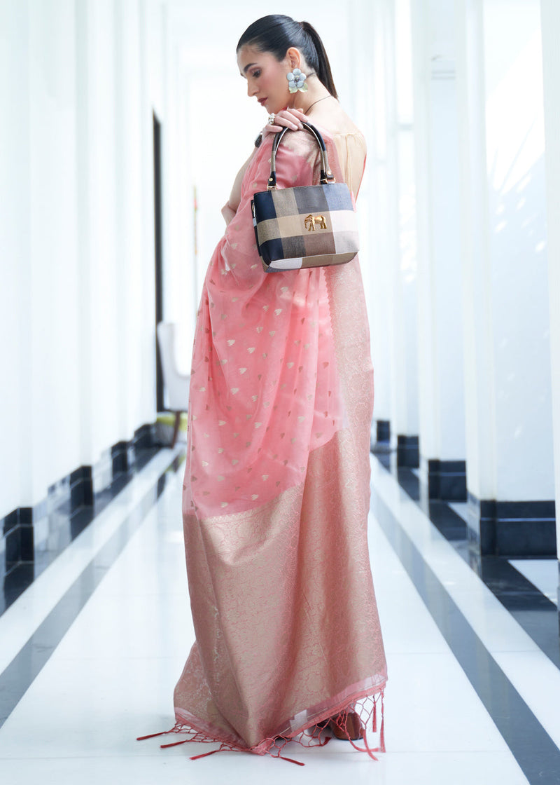 Petite Pink Zari Woven Banarasi Kora Silk Saree