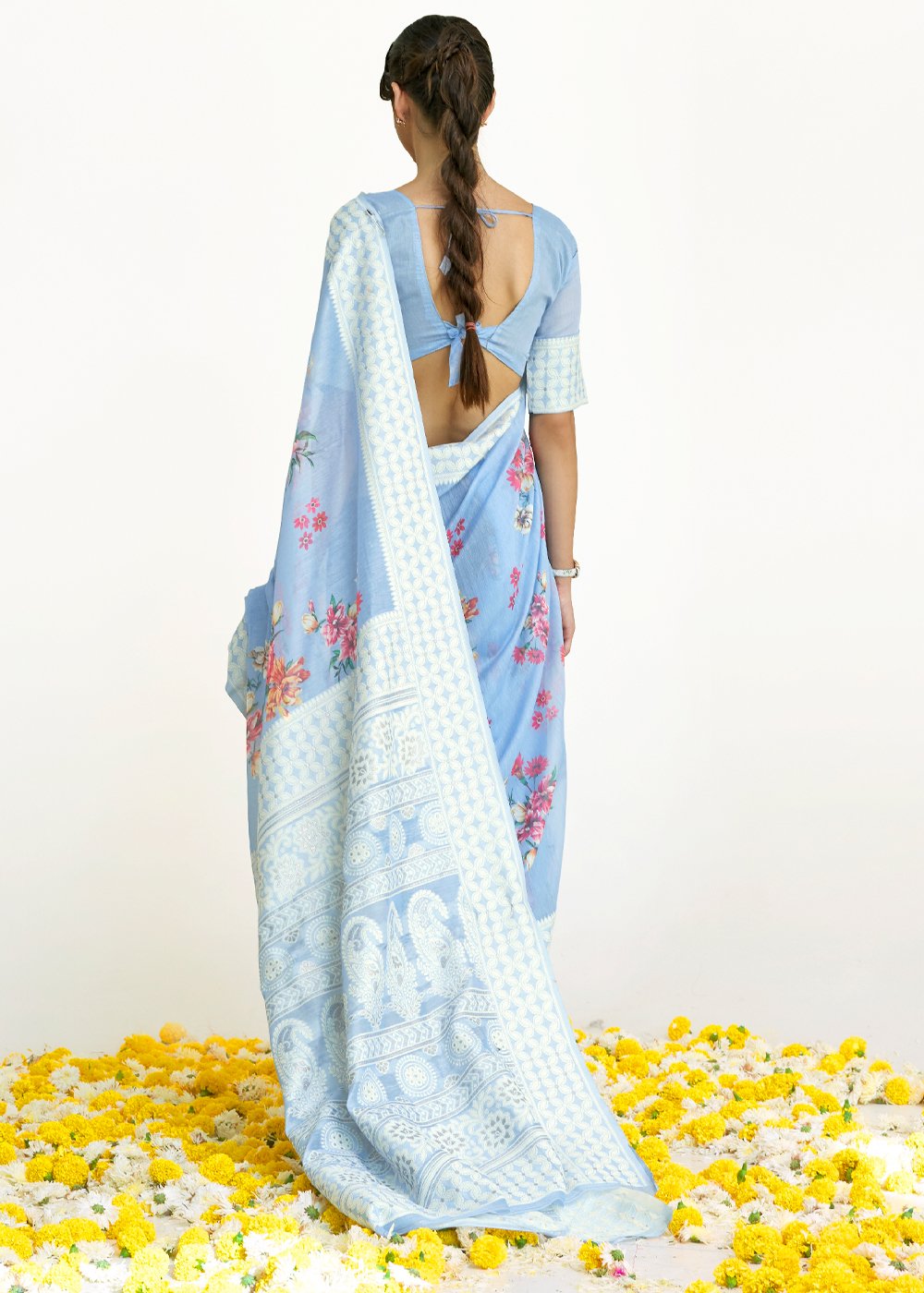 Buy MySilkLove Rock Blue Zari Woven Digital Printed Linen Saree Online