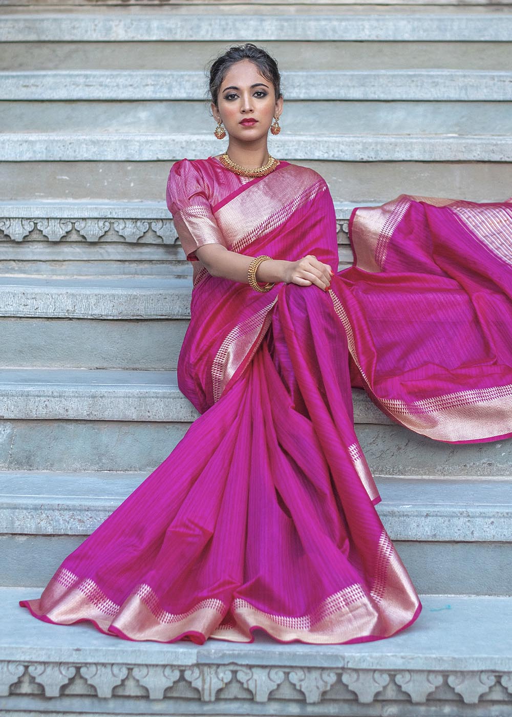 Buy MySilkLove Cerise Pink Zari Woven Tussar Silk Saree Online