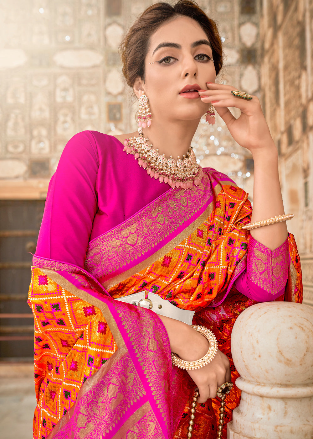 Buy MySilkLove Tango Orange and Pink Zari Woven Patola Saree Online