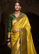 Golden Grass Yellow and Green Zari Woven Banarasi Silk Saree