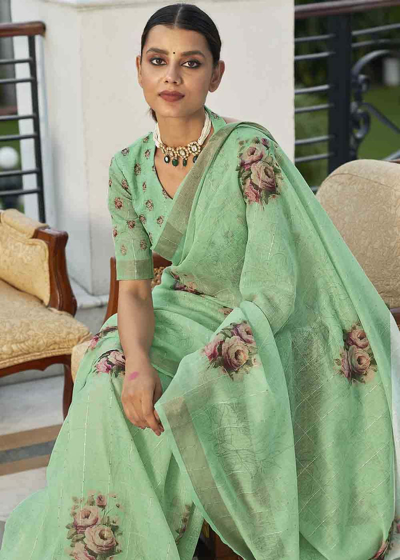 Sprout Green Digital Floral Printed Saree