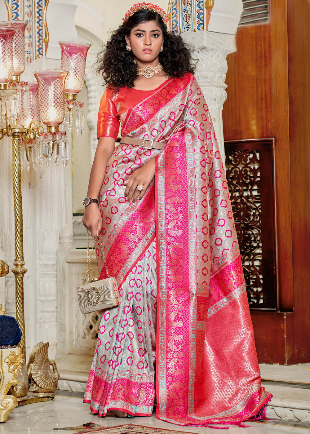 Buy MySilkLove Blush Pink Woven Banarasi Silk Saree Online