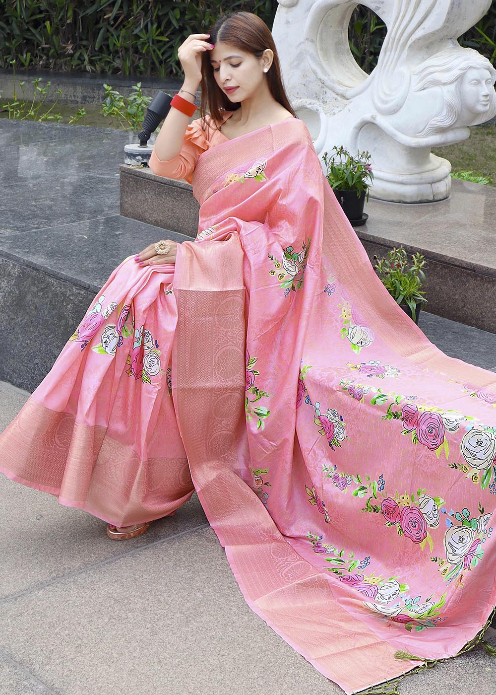 MySilkLove Lilac Peach Floral Printed Soft Silk Saree