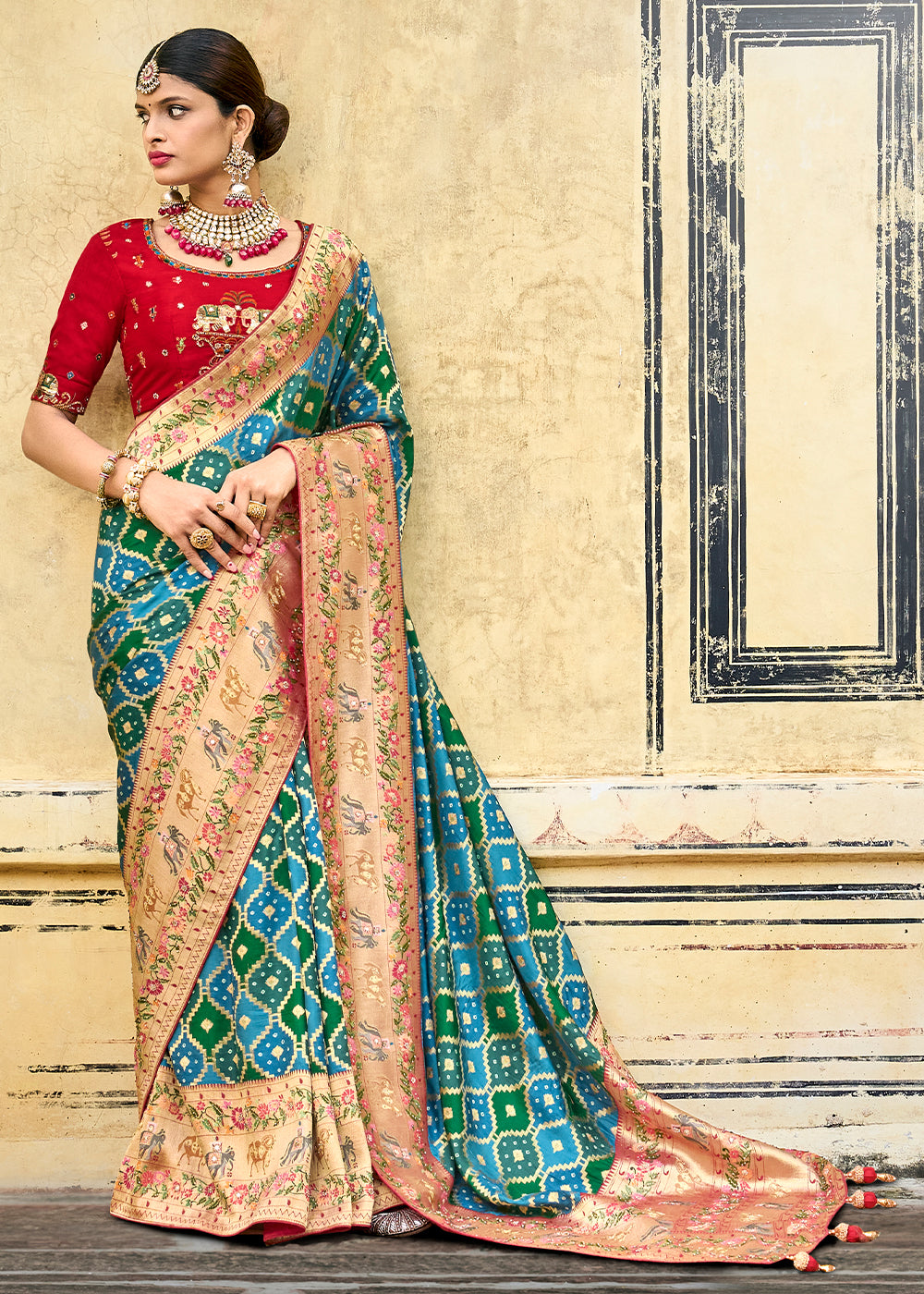 Buy MySilkLove Hippie Blue Green and Red  Patola Printed Dola Silk Saree With Embroidered Blouse Online