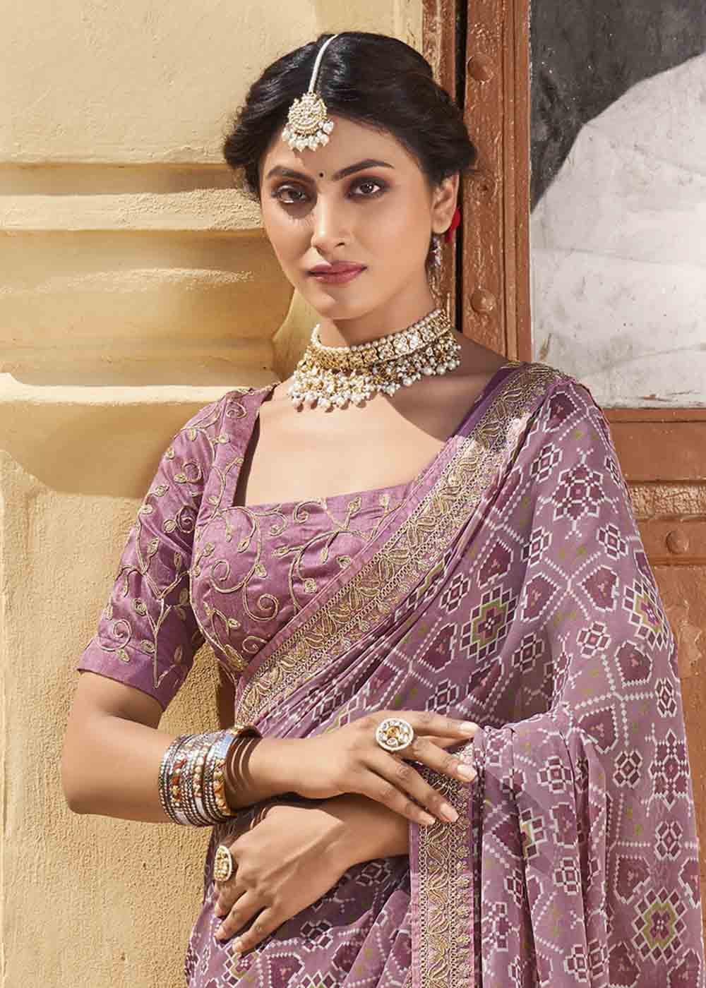 MySilkLove Quicksand Purple Patola Print Georgette Saree With Embroidered Blouse