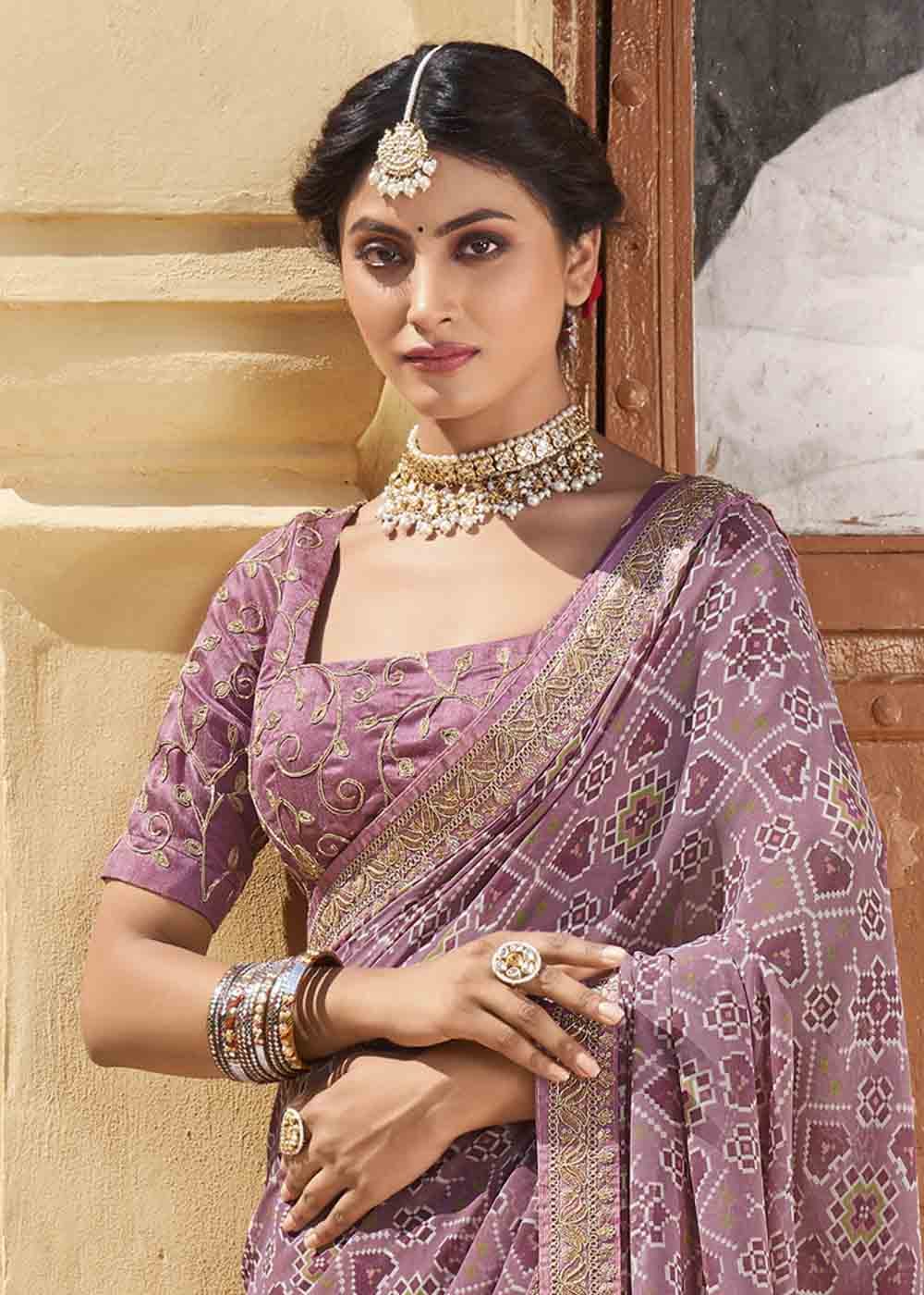 Buy MySilkLove Quicksand Purple Patola Print Georgette Saree With Embroidered Blouse Online