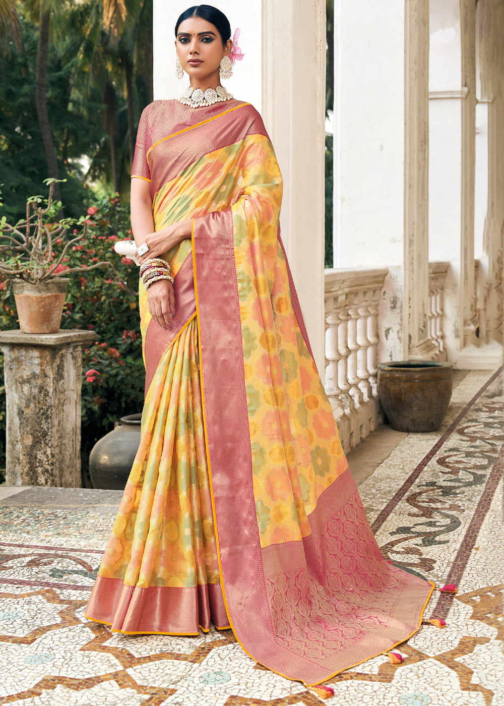 Buy MySilkLove Wild Rice Yellow and Pink Woven Organza Banarasi Silk Saree Online