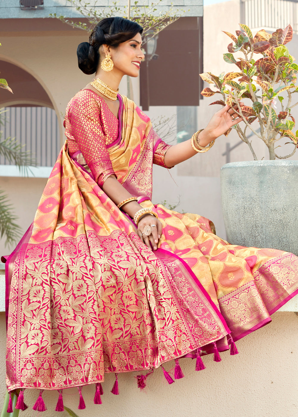 Buy MySilkLove Japonica Pink and Yellow Wonen Banarasi Rangkath Silk Saree Online