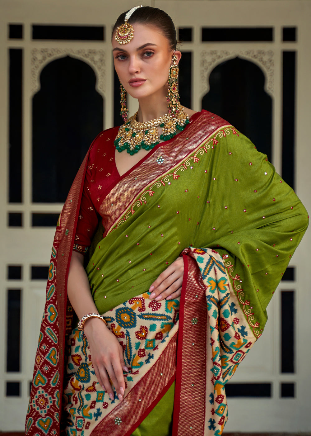 Buy MySilkLove Olive Green and Red Woven Patola Silk Saree Online