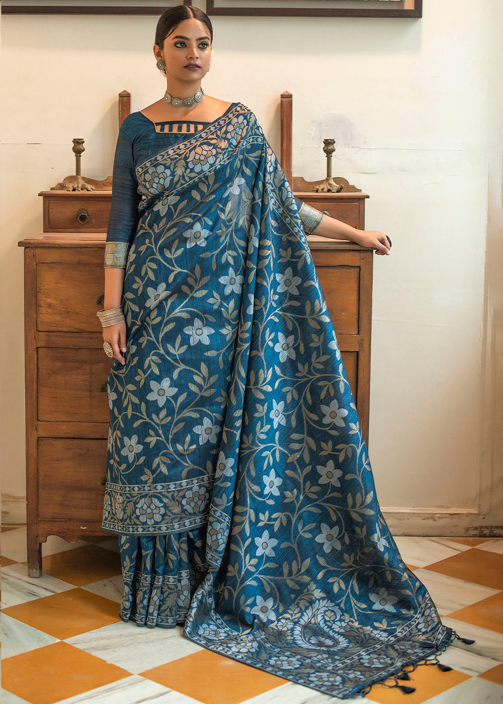 MySilkLove Midnight Blue Zari Woven Floral Tussar Saree