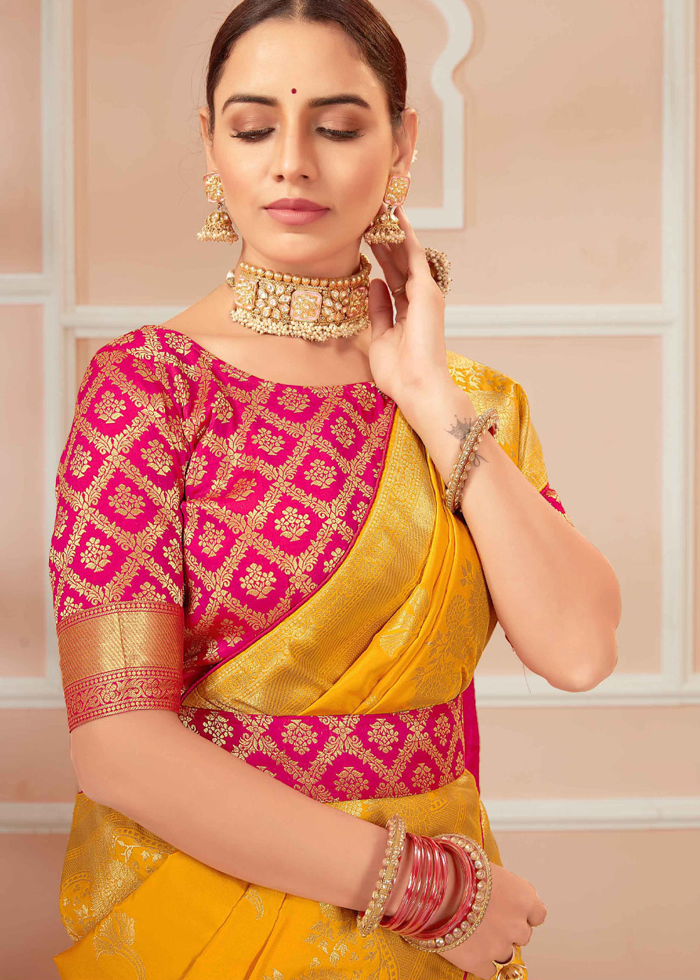 Buy MySilkLove Golden Pink Yellow Zari Woven Banarasi Silk Saree Online