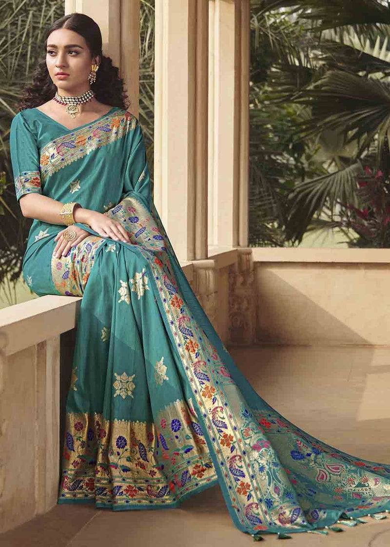 Winter Green Zari Woven Banarasi Paithani Saree