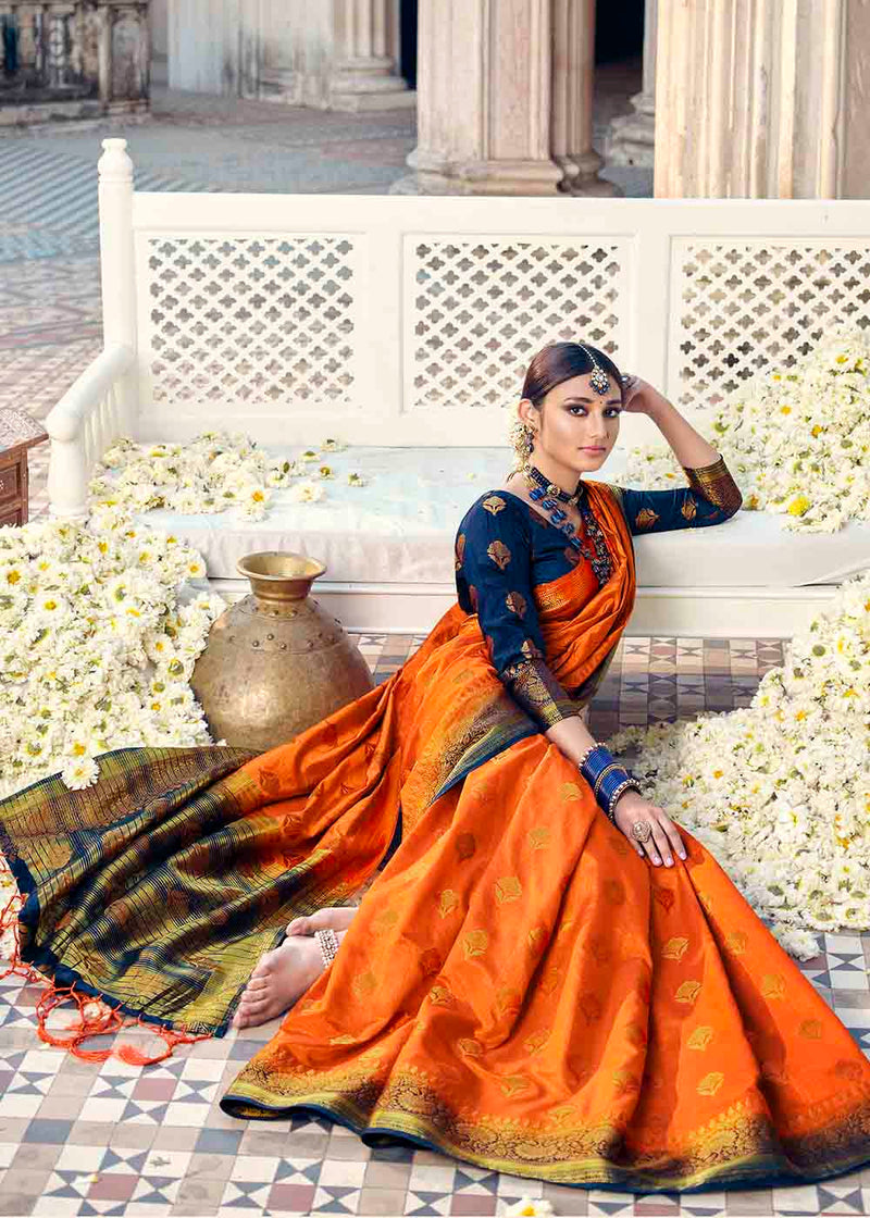 Flamingo Orange Zari Woven Banarasi Raw Silk Saree