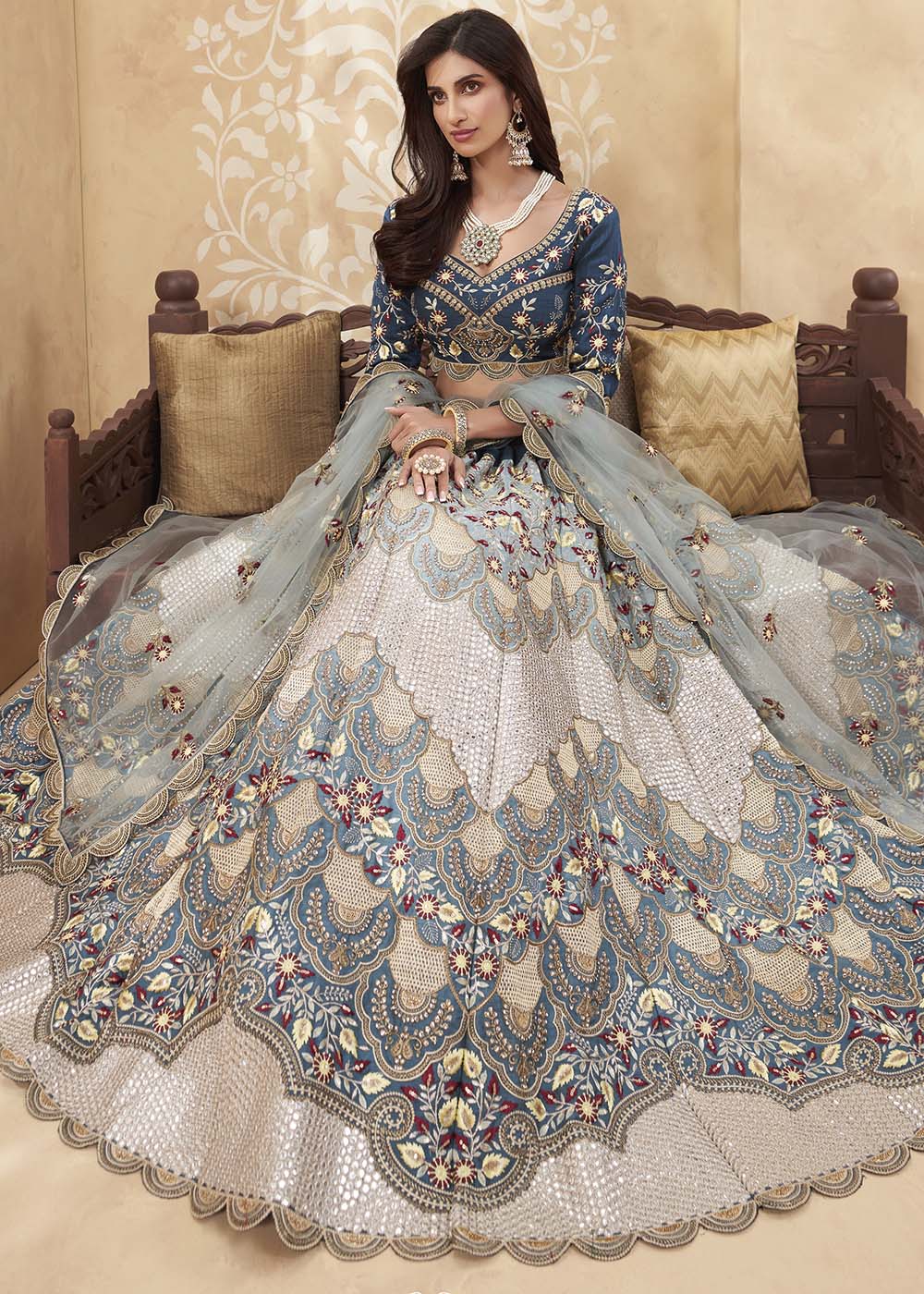 Fiord Blue and Grey Designer Net Lehenga with Multi Thread Embroidery Work