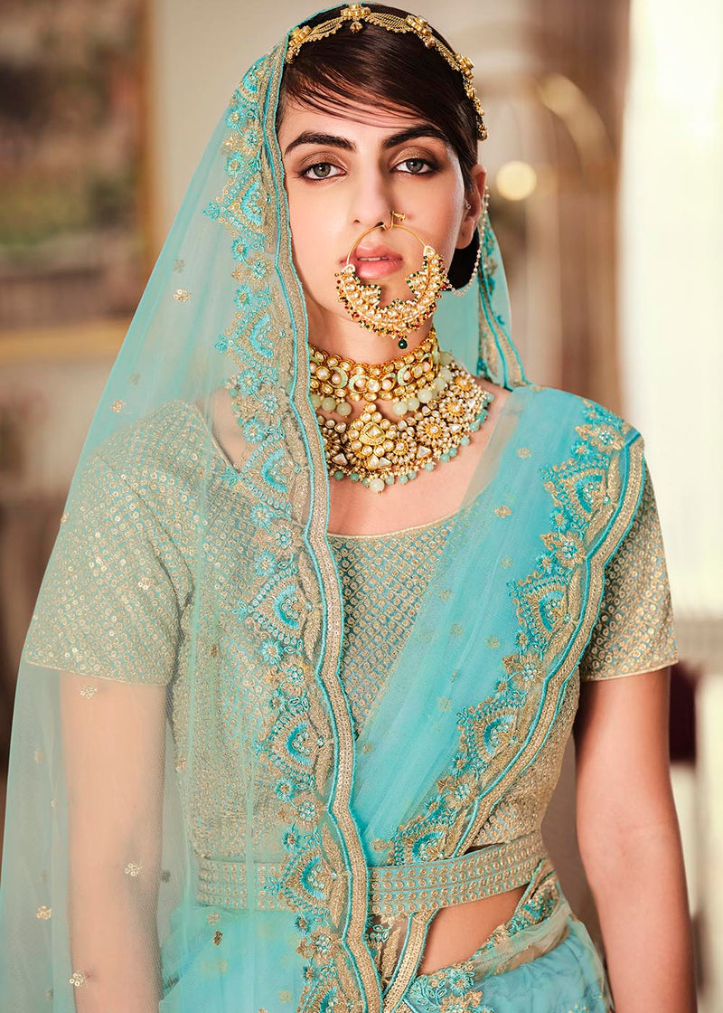 Gulf Stream Blue Net Designer Lehenga With Heavy Embroidered Work