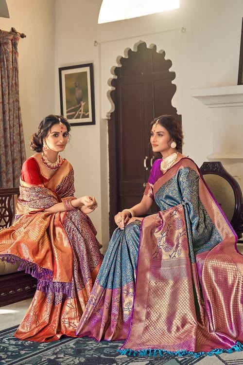 Buy MySilkLove Stone Blue and Purple Zari Woven Banarasi Saree Online