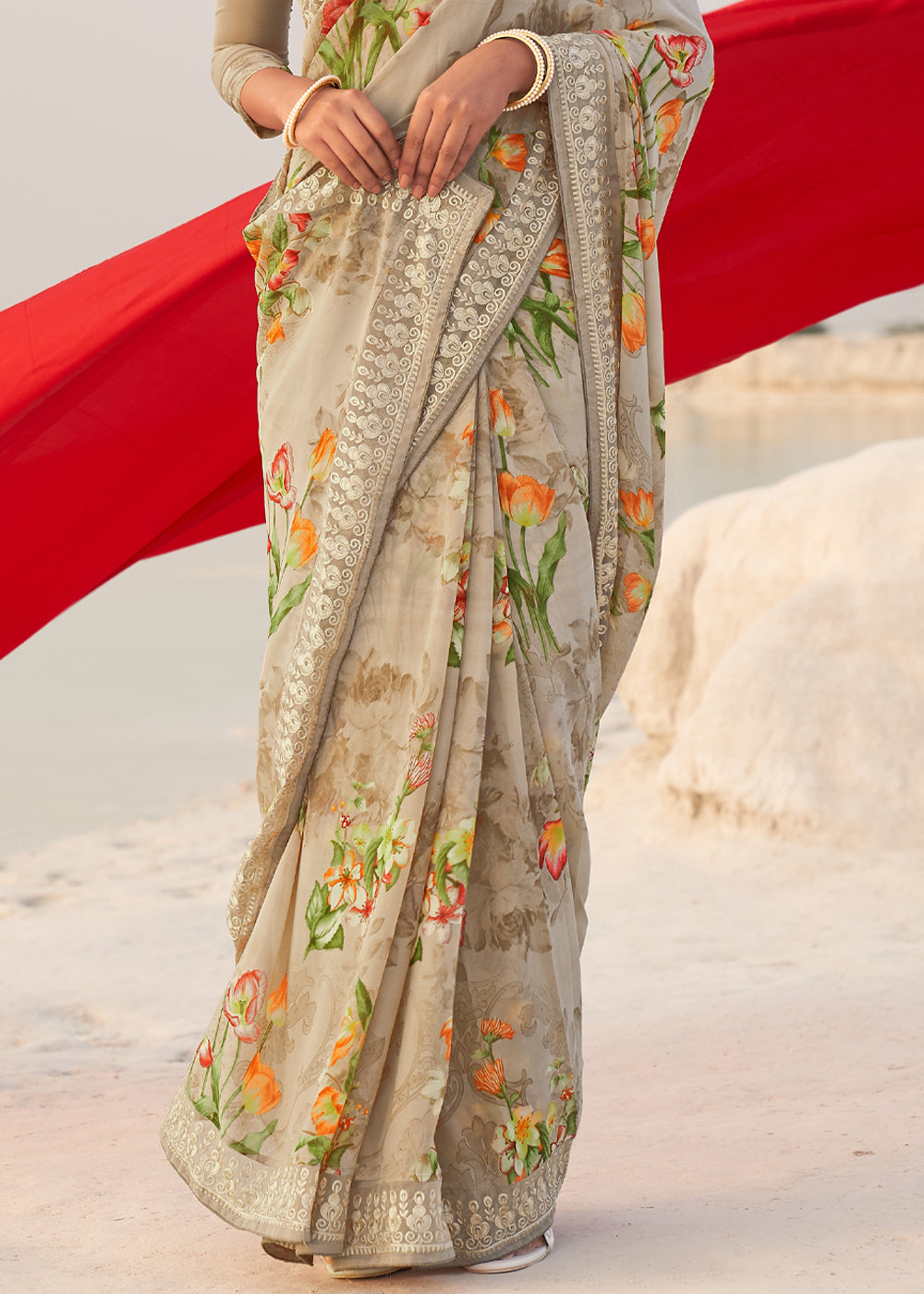 Buy MySilkLove Sorrell Brown Digital Printed Chiffon Saree Online